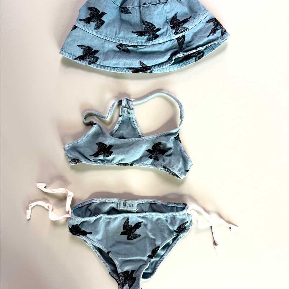 Buho Barcelona Kids Light Blue Bird Print Hat and Bikini Swim Set 3Year